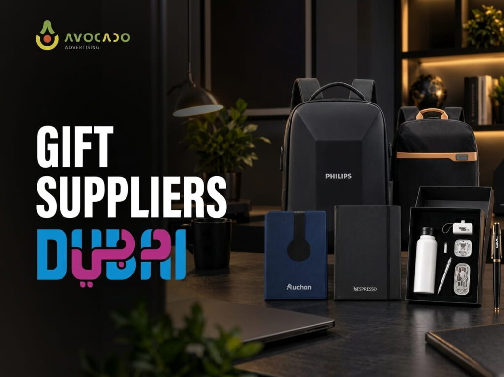 Corporate gift suppliers Dubai – branded backpacks, notebooks and tech gift set, Avocado Advertising