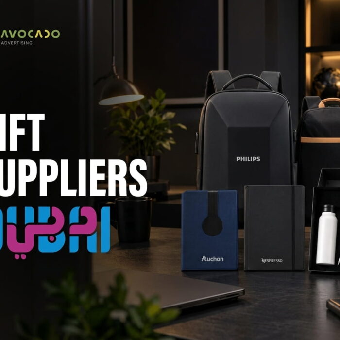 Corporate gift suppliers Dubai – branded backpacks, notebooks and tech gift set, Avocado Advertising