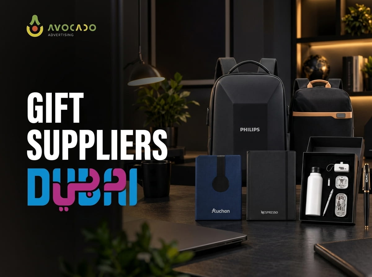 Corporate gift suppliers Dubai – branded backpacks, notebooks and tech gift set, Avocado Advertising