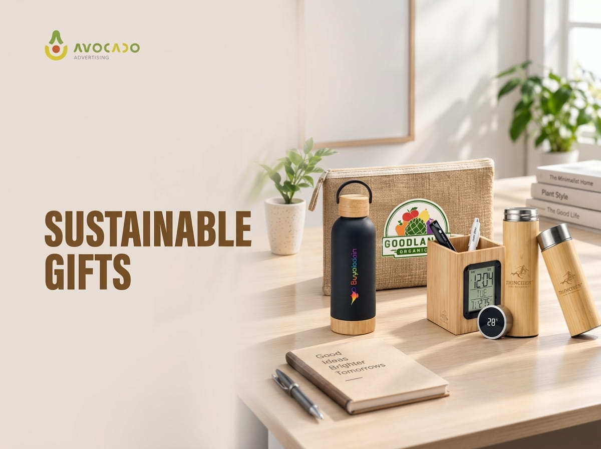 Sustainable corporate gifts Dubai – bamboo bottles, notebooks and eco-friendly office accessories from Avocado Advertising
